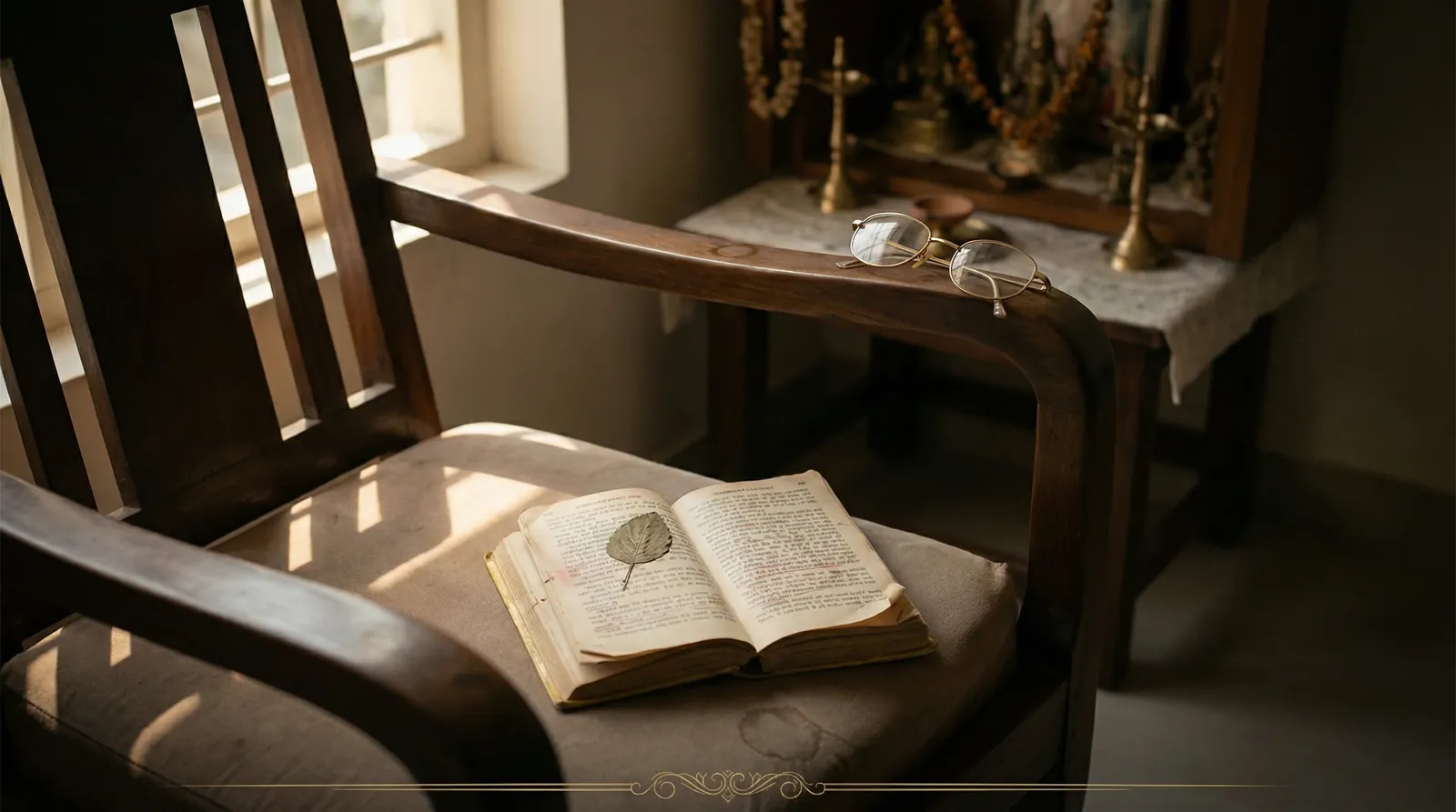 A worn Sunderkand lies open on a wooden chair — reading glasses on the armrest, chair empty