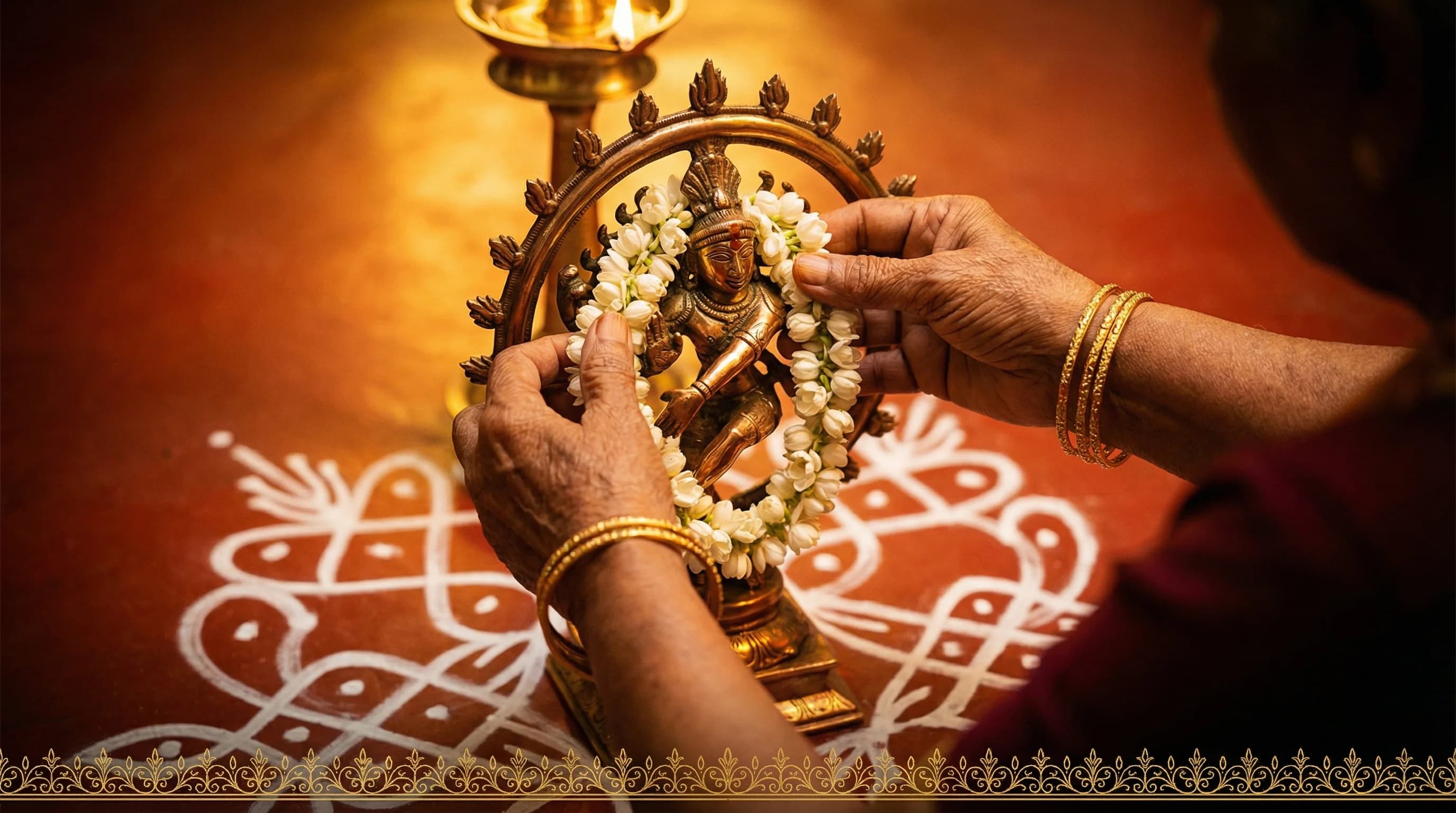 South Indian grandmother teaching a child anjali mudra before a bronze Nataraja